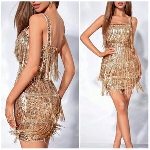 NEW Luxe Sequin Tiered Fringe Cami Dress Gold